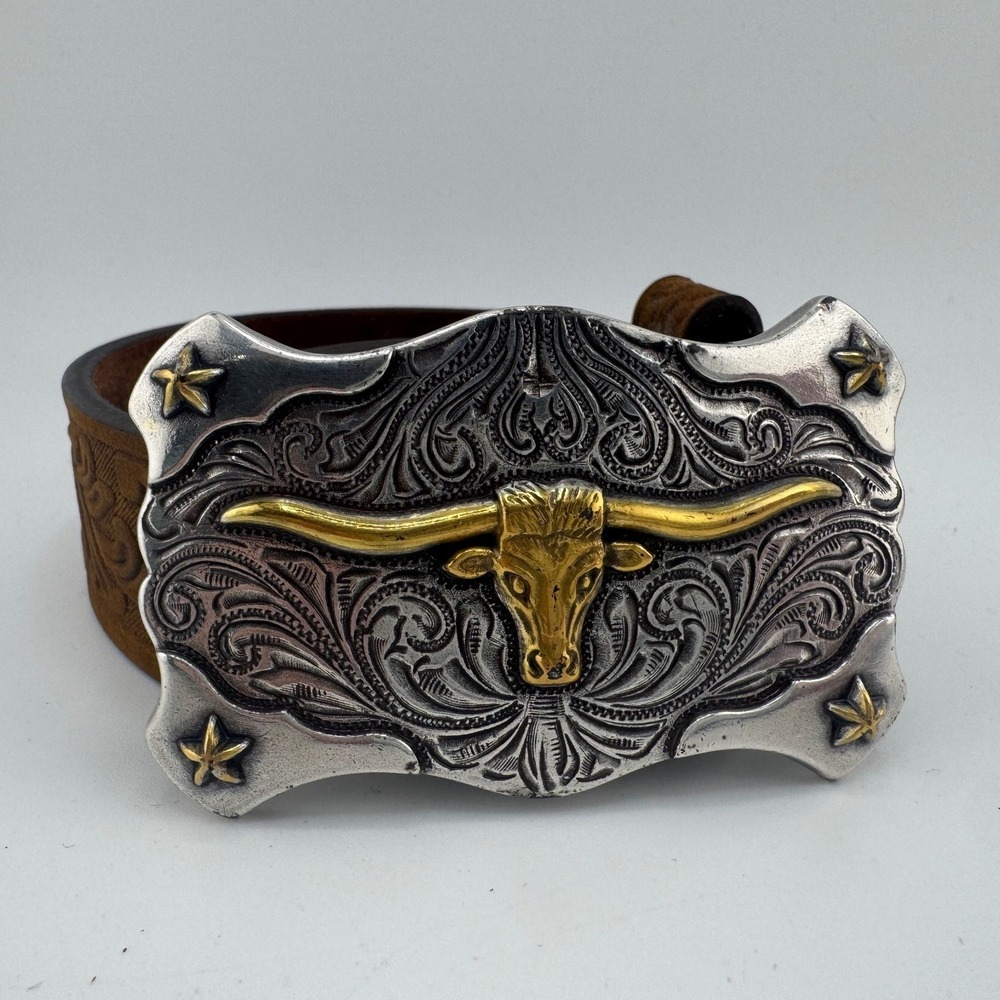 Tony Lama Brown Tooled Leather Western Belt Longhorn Buckle‎ 24 C60119 USA